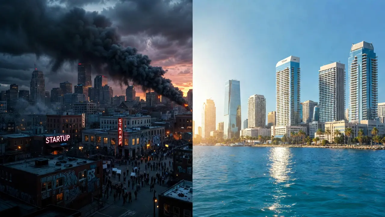 Split digital collage showing chaotic Minneapolis skyline with unrest and startup decay on left, contrasting vibrant Tampa skyline with thriving tech hubs on right, illustrating Minnesota startup relocation to Tampa.