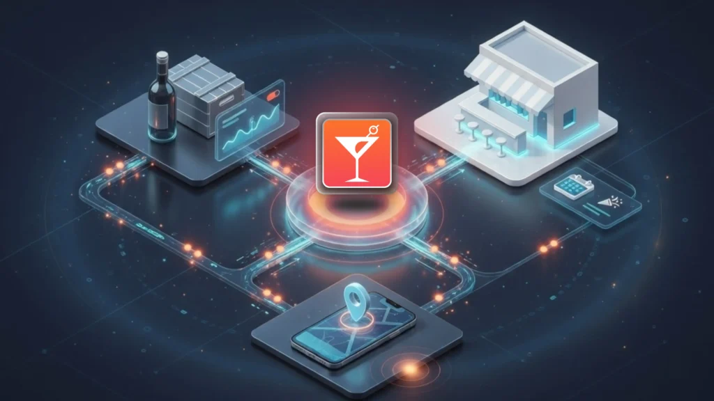 Ecosystem graphic showing a bev-alc platform connecting suppliers, retailers, and consumers