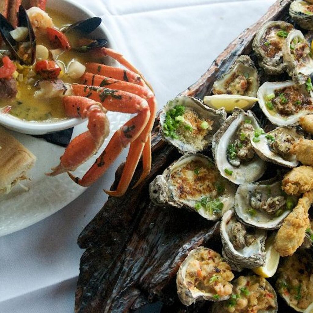 Seafood platter and cocktails at Stinky’s Fish Camp in Santa Rosa Beach