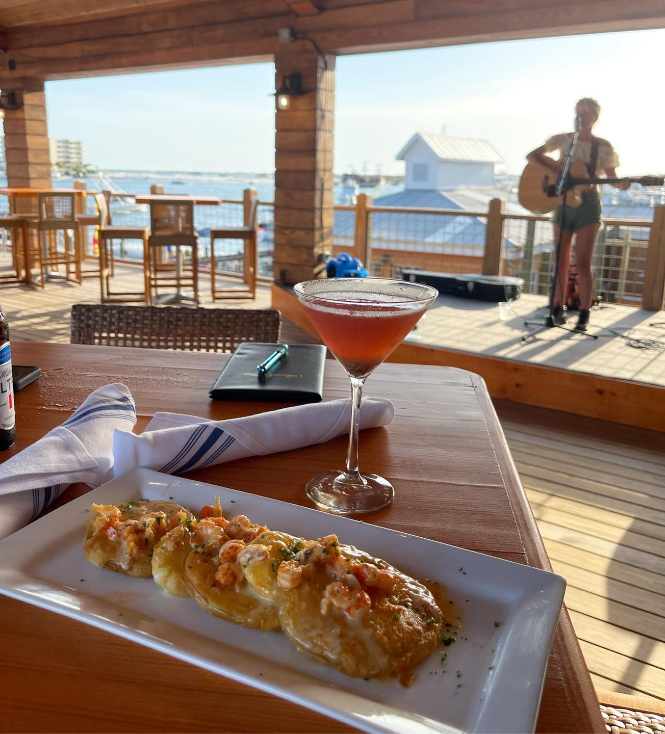 Crab-stuffed grouper and cocktails at The Edge Seafood and SkyBar in Destin Florida