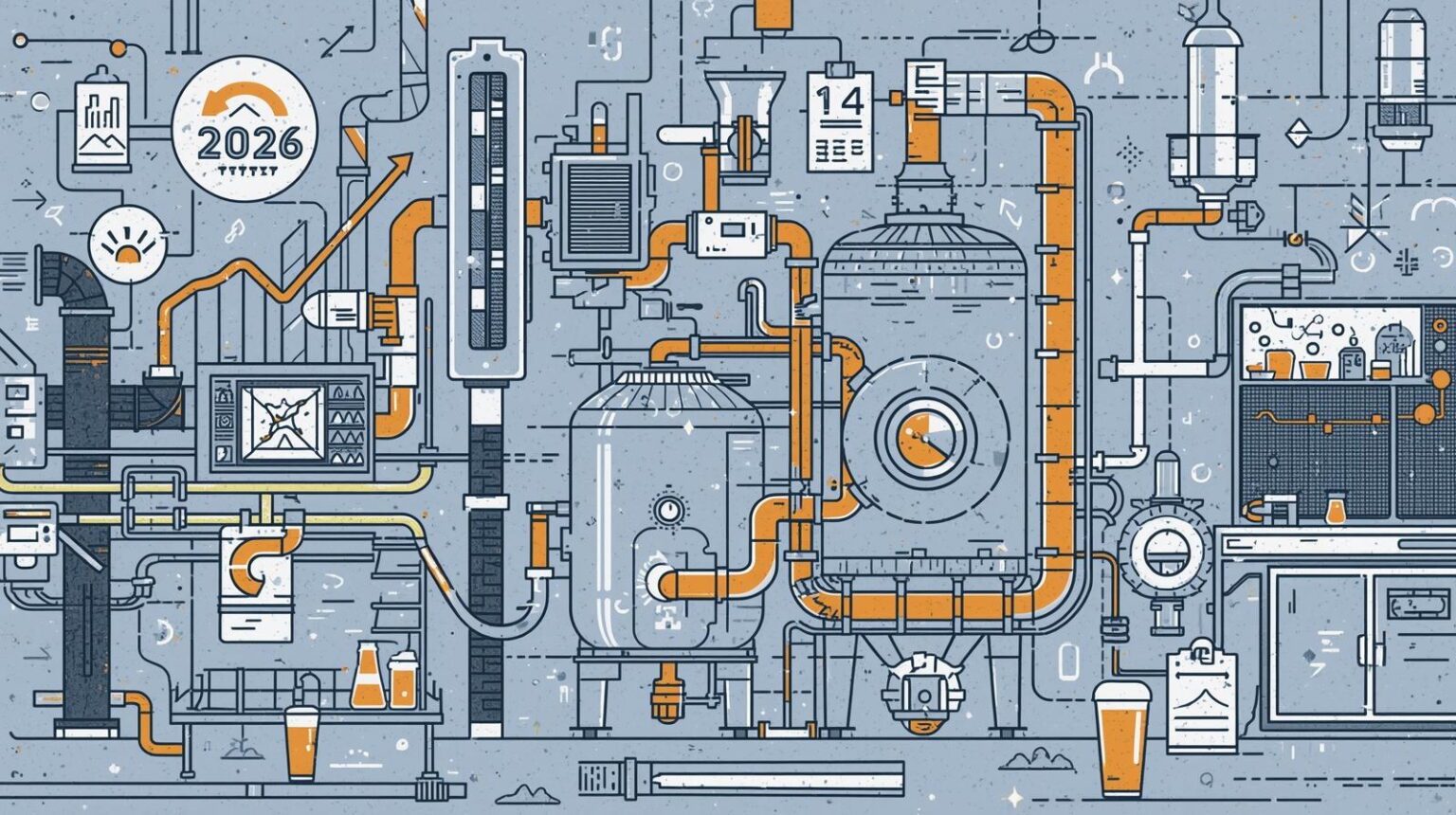 brewing system showing pipes, tanks, and lab equipment symbolizing lean beer production and efficiency in 2026.