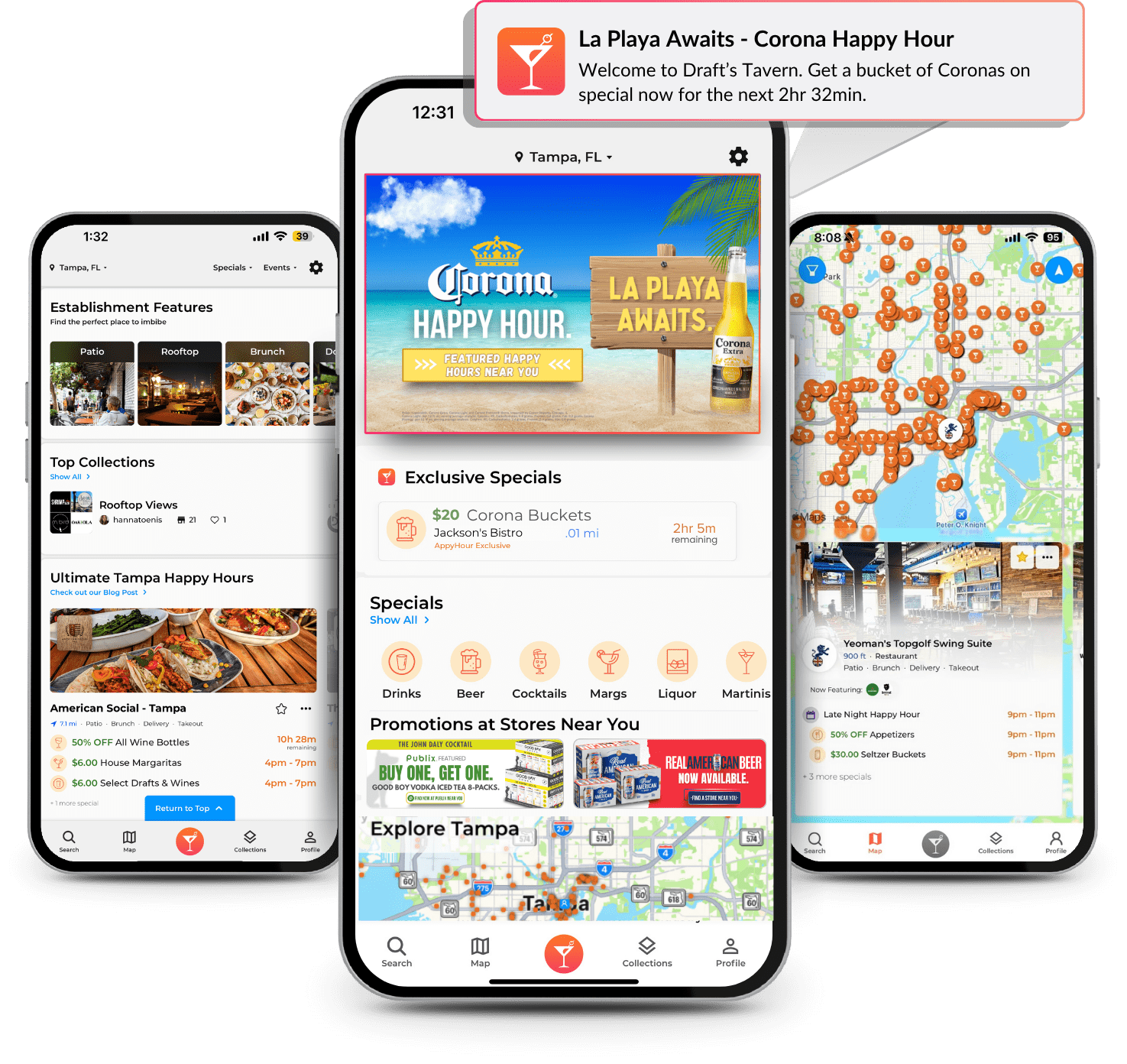 Happy hour app showing bar specials near me in real time