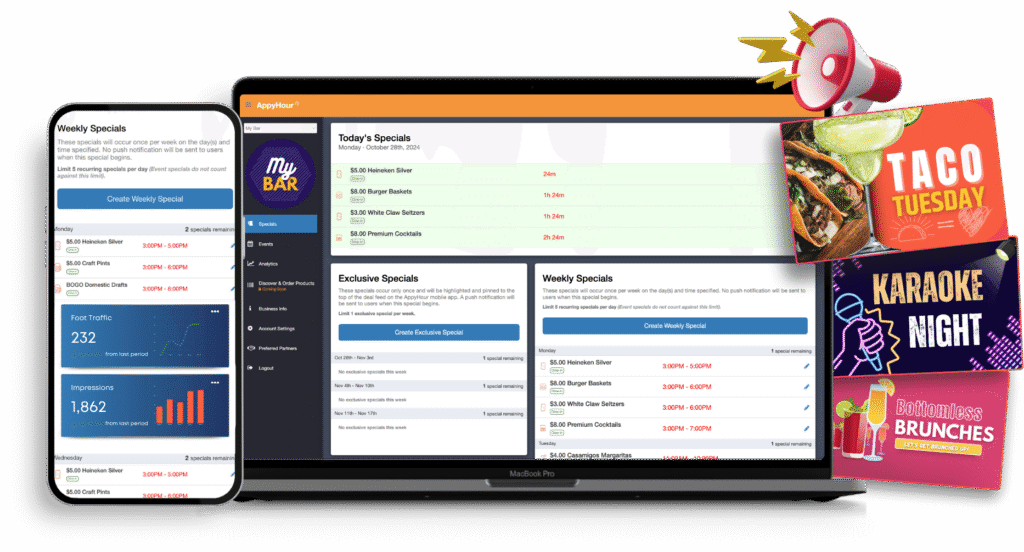 AppyHour Business Hub promote your happy hours, specials, events and more