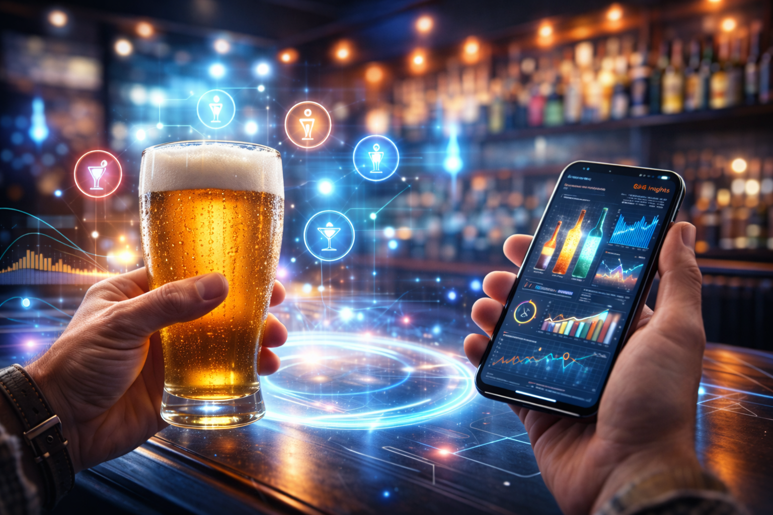 A consumer drinking a beer at a bar while looking at an appyhour notification