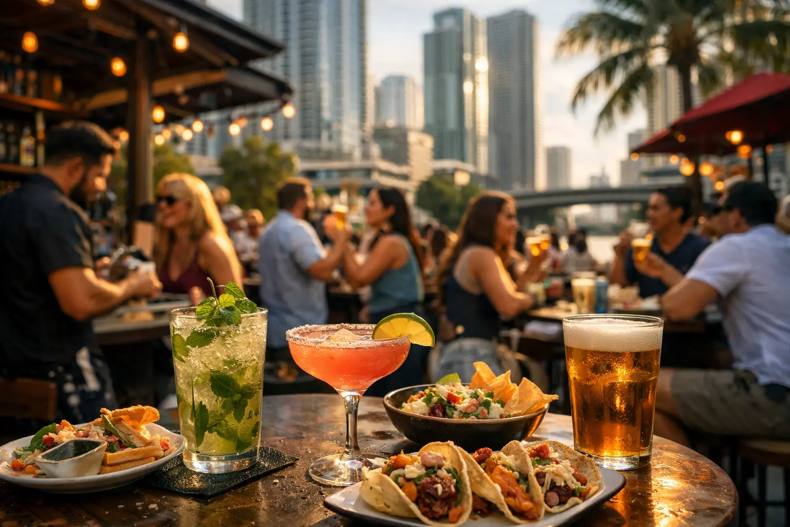 Cocktails and small plates on a table at a lively Brickell, Miami happy hour with the skyline behind.