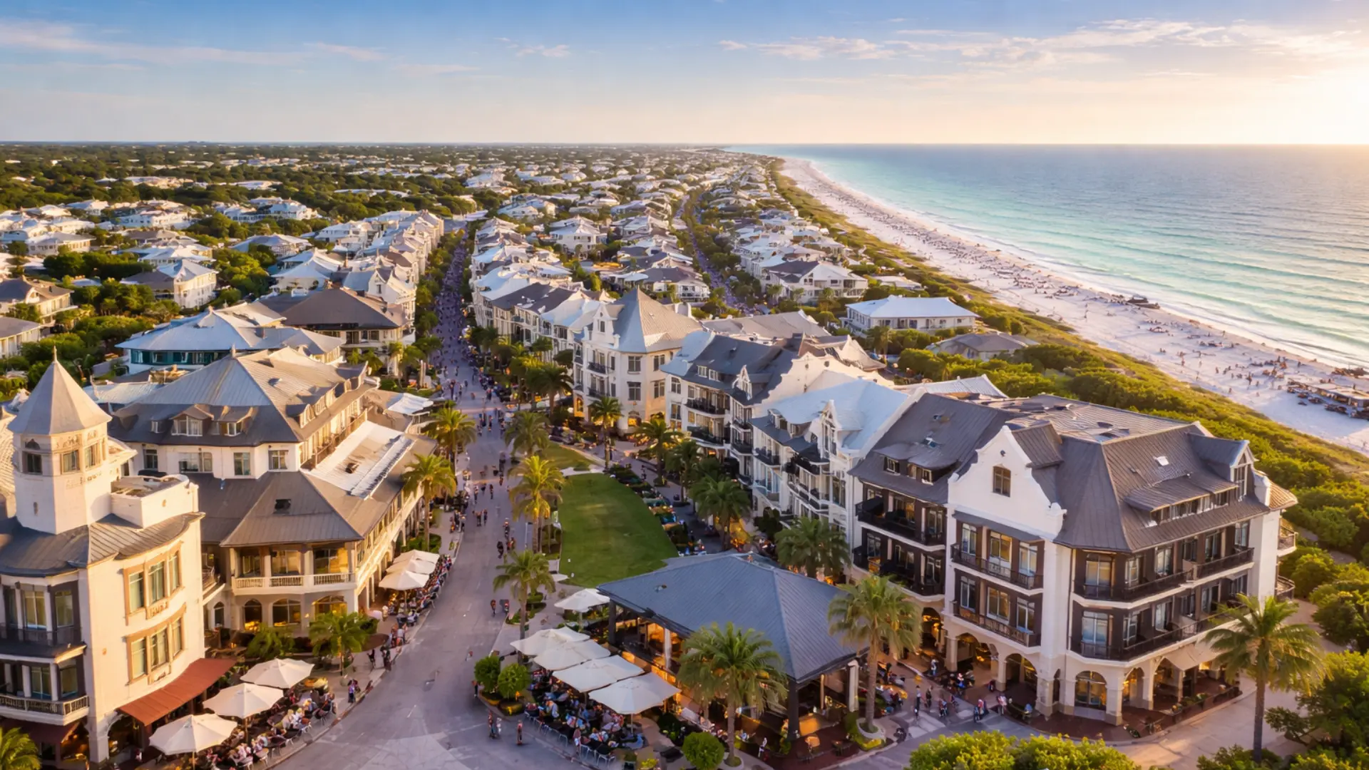 downtown rosemary beach florida during sunset and happy hour