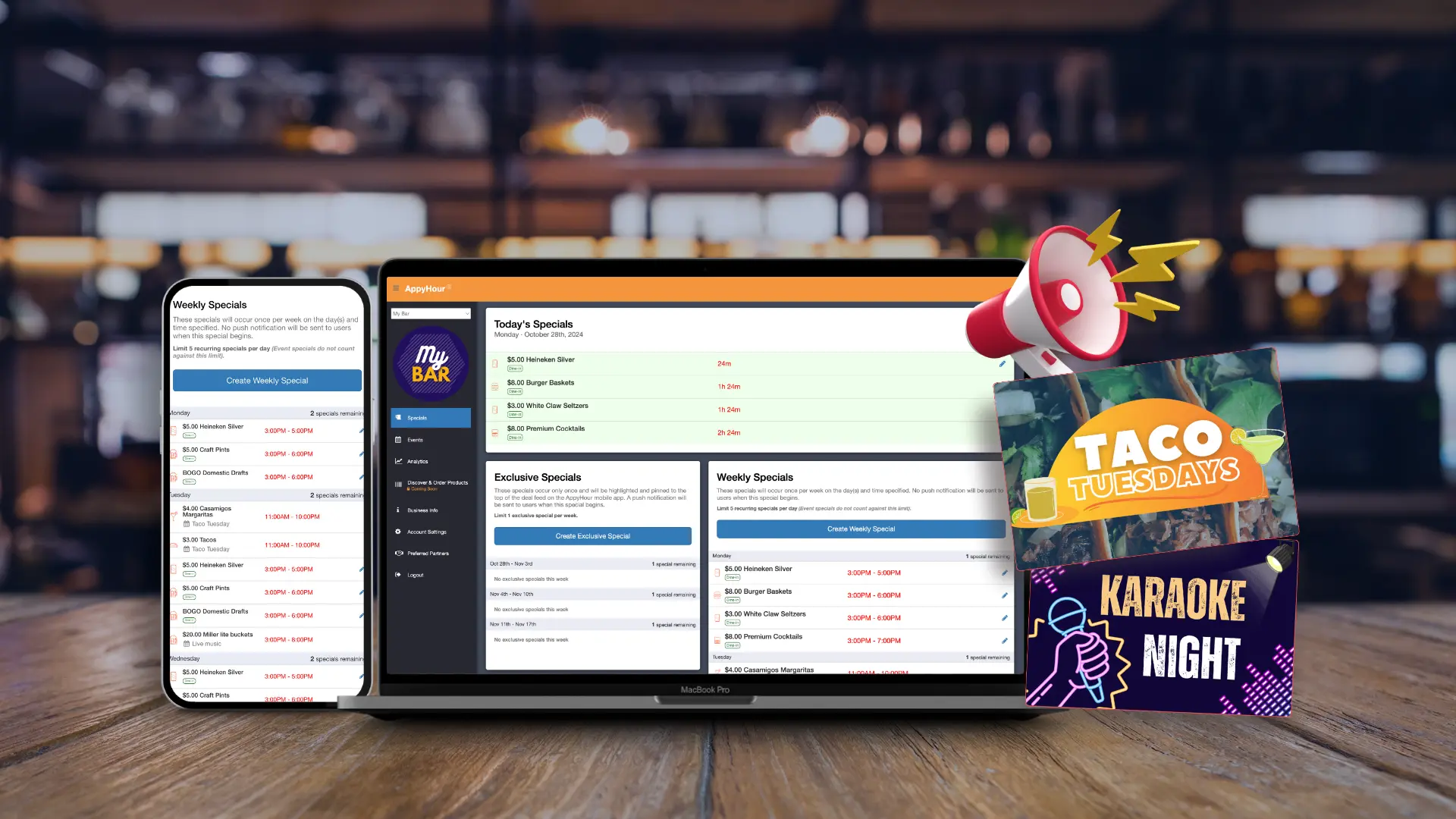 AppyHour Retail Business Hub v1.1 dashboard showing scheduling and exclusive specials features for bars and restaurants
