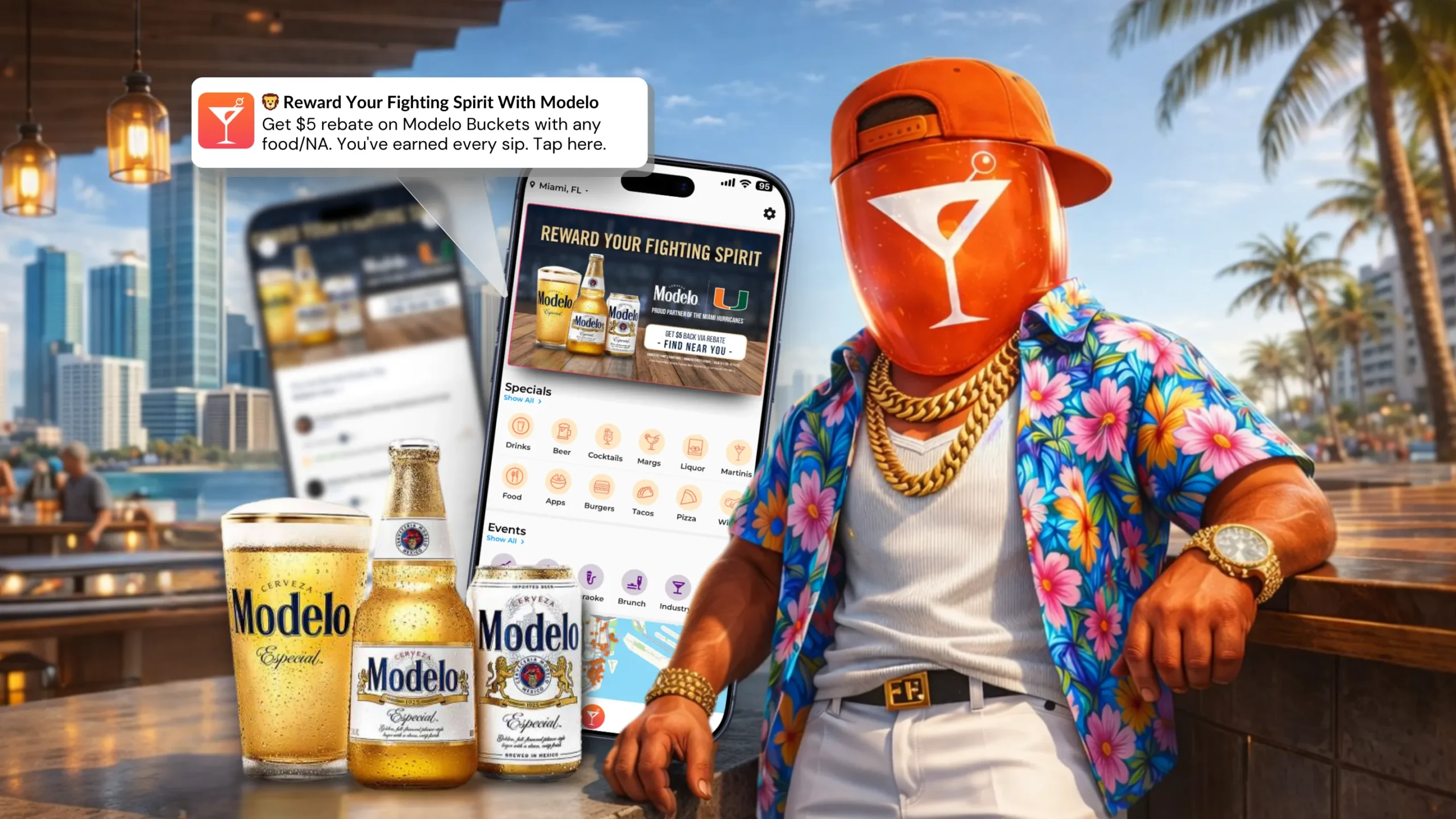 A miami skyline with happy hour modelo buckets announcing appyhour launch in miami