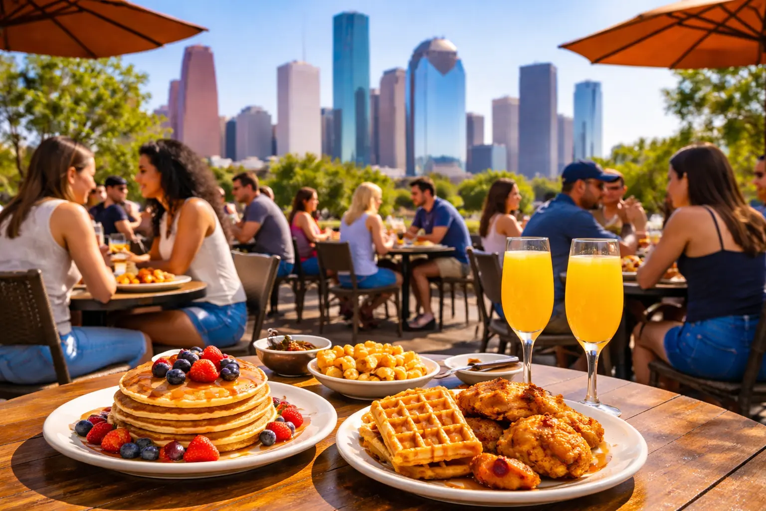 Outdoor brunch in Houston with pancakes, chicken and waffles, and mimosas, city skyline in background.