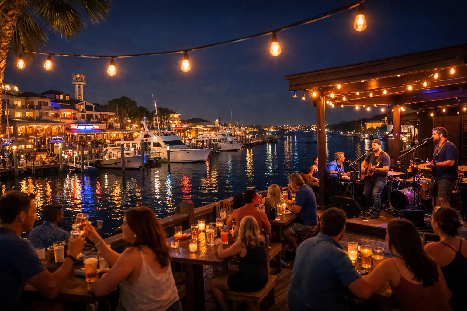 Lively waterfront bar in Destin Harbor at night with live music, cocktails, and glowing string lights