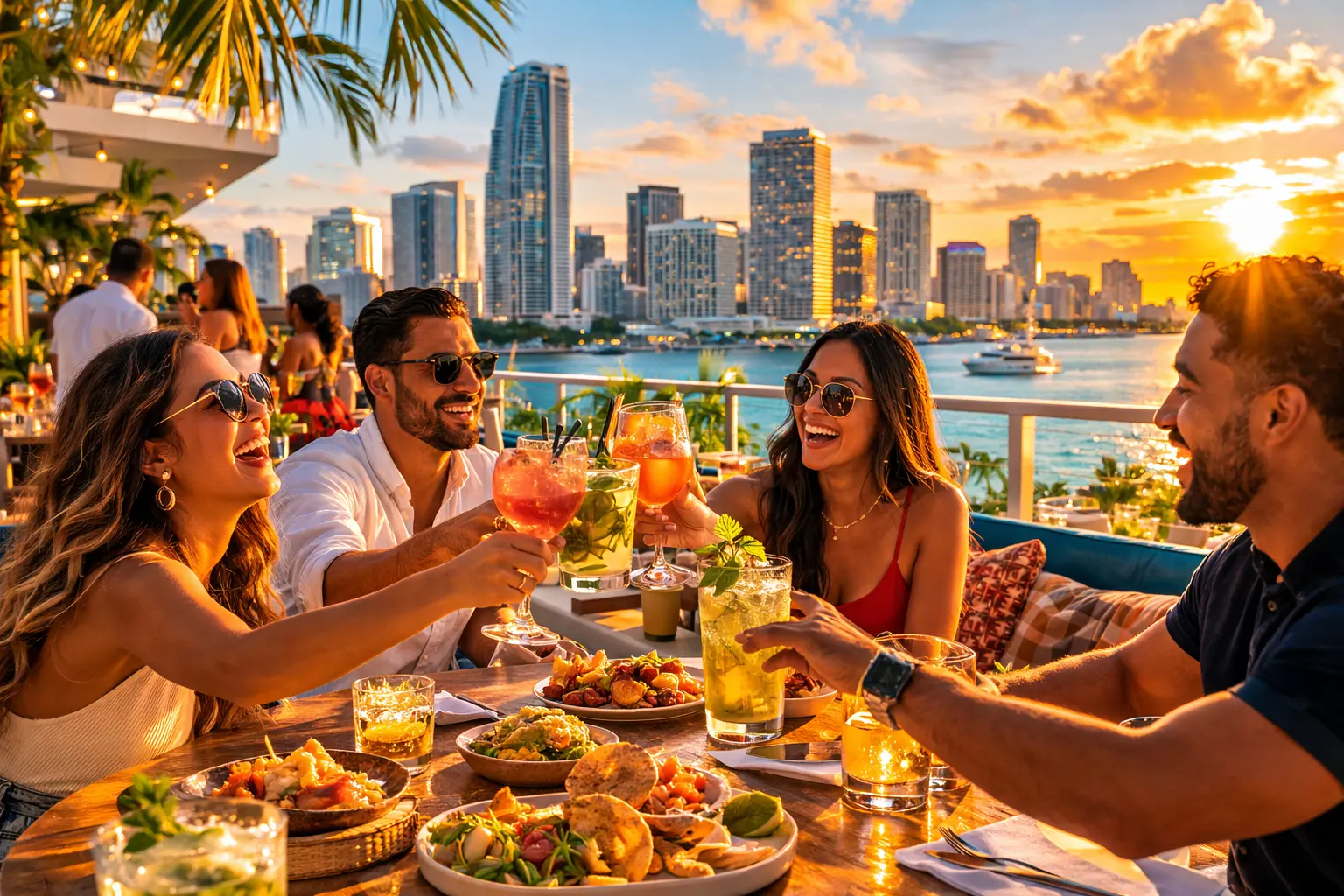Friends enjoying cocktails during rooftop happy hour with Miami skyline and Biscayne Bay views at sunset