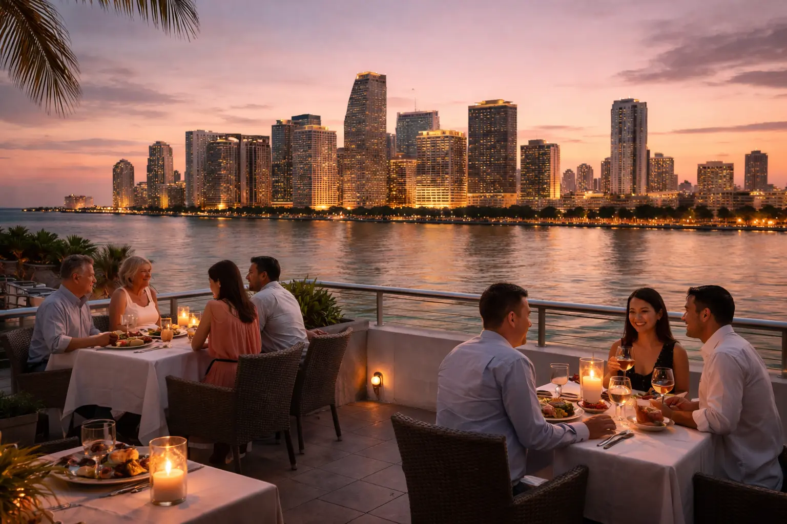 Couples dining at candlelit tables on a waterfront terrace overlooking a glowing city skyline at sunset.