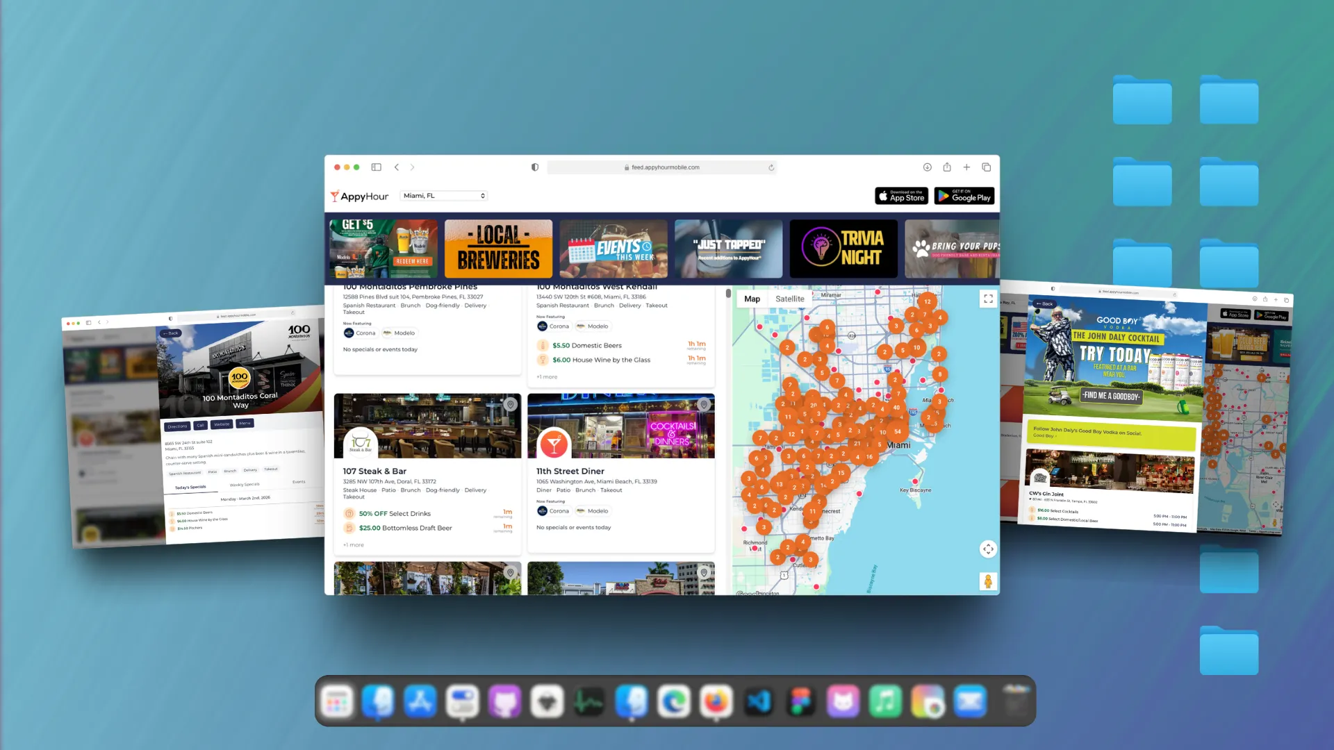AppyHour enhanced web feed displayed on desktop, tablet, and mobile showing real-time happy hours and supplier campaigns
