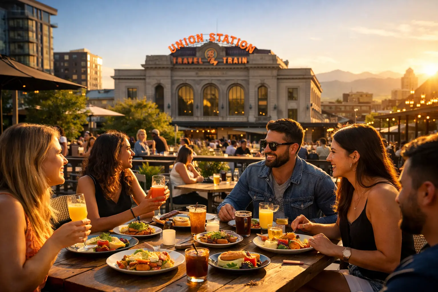 Friends enjoying brunch on a sunny Denver patio with Union Station in the background