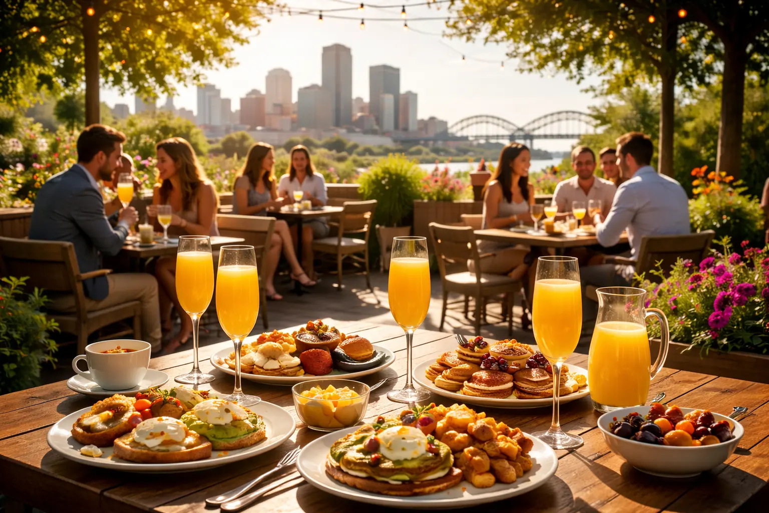 Sunlit outdoor brunch in Louisville with mimosas, breakfast plates, and diners seated on a patio with the skyline and Big Four Bridge in the background.