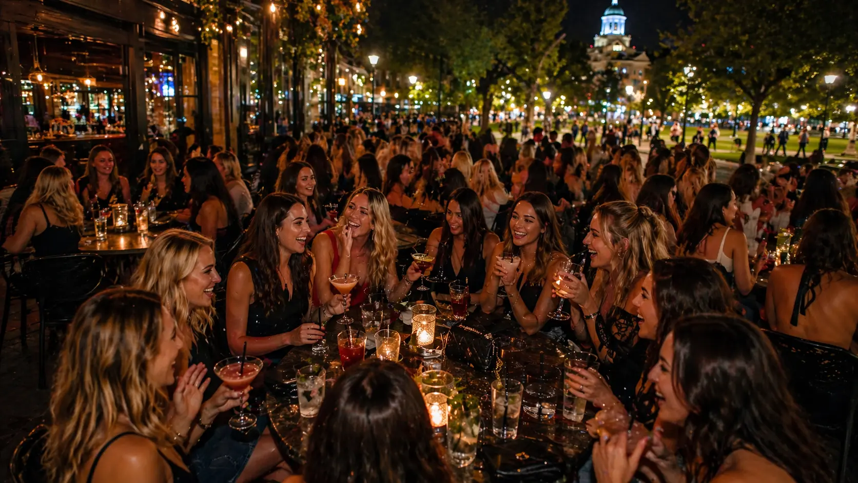 Crowded outdoor bar at night with a large group of women enjoying drinks, cocktails, and conversation under warm string lights, with a lively downtown park and city building in the background.