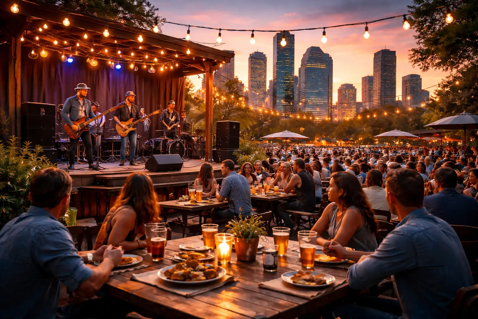 Houston restaurant patio with prominent live music stage and band performing at sunset