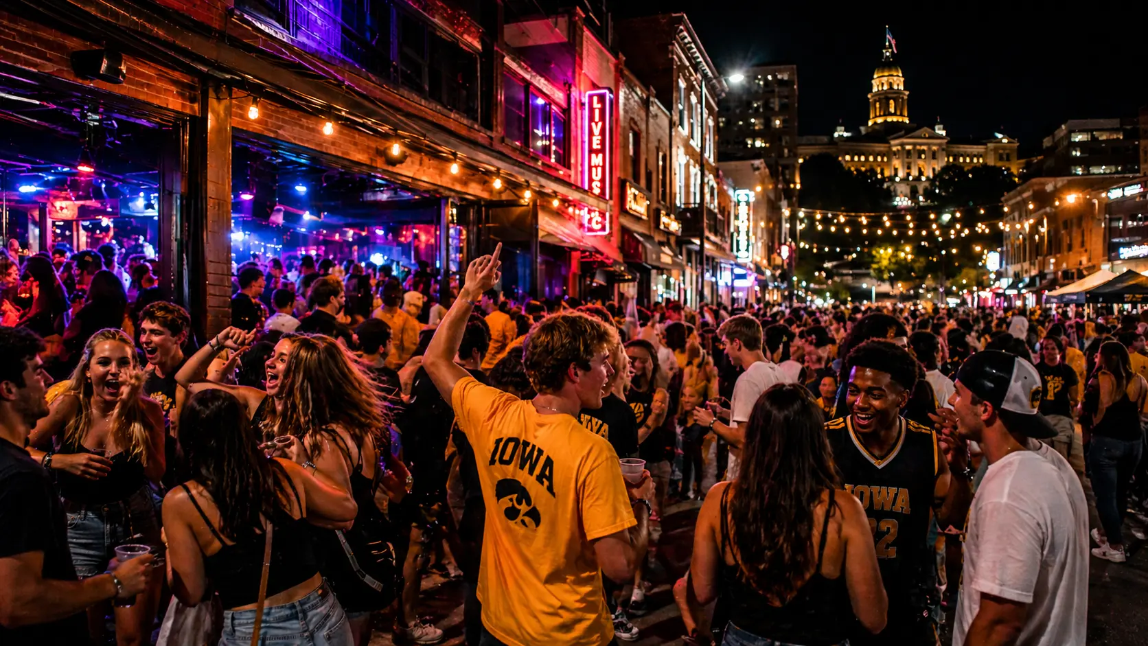 Crowded nightlife street in a college town with neon-lit bars, live music venues, and a large group of students celebrating outdoors, many wearing Iowa Hawkeyes shirts, creating a high-energy party atmosphere.