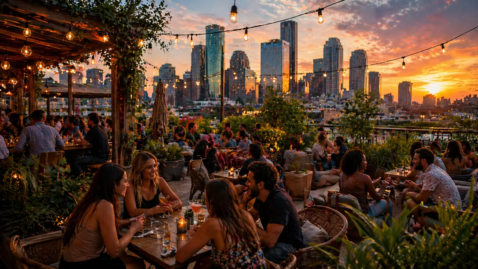 Lively Houston rooftop patio bar at sunset with groups enjoying drinks under string lights and skyline views