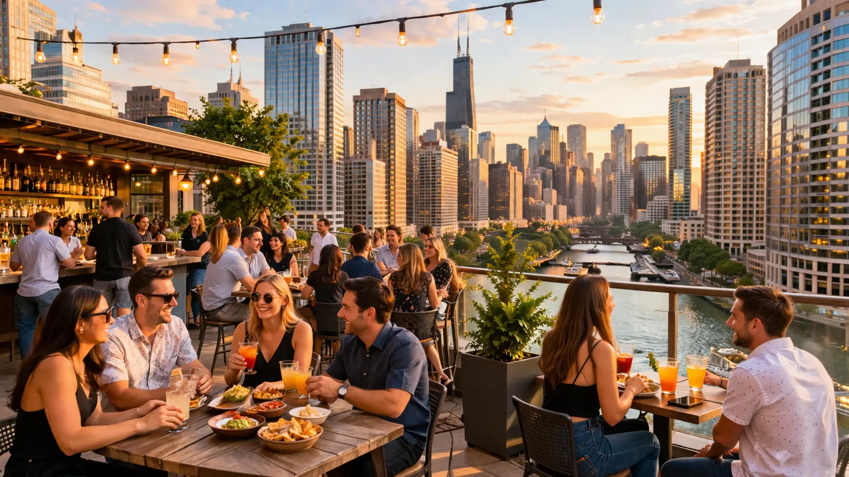Bright rooftop bar in Chicago with people enjoying drinks and skyline views at sunset