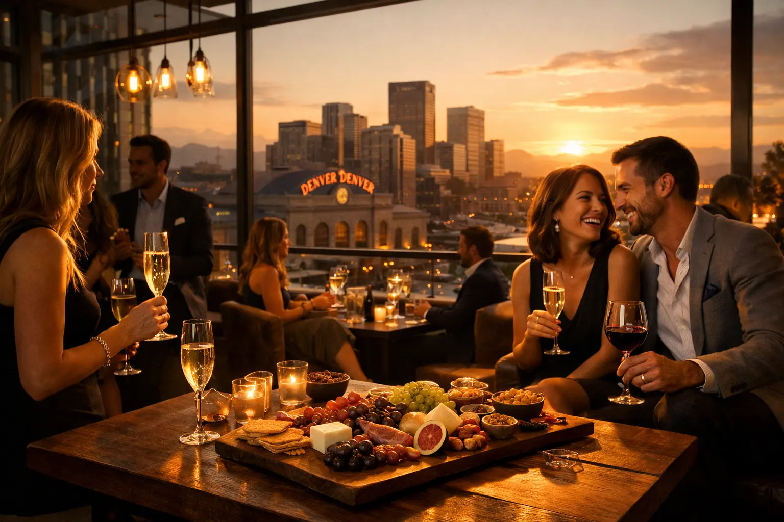 Upscale Denver wine and champagne lounge at golden hour with friends enjoying sparkling wine, a charcuterie board on a wooden table, and the city skyline with Union Station in the background.