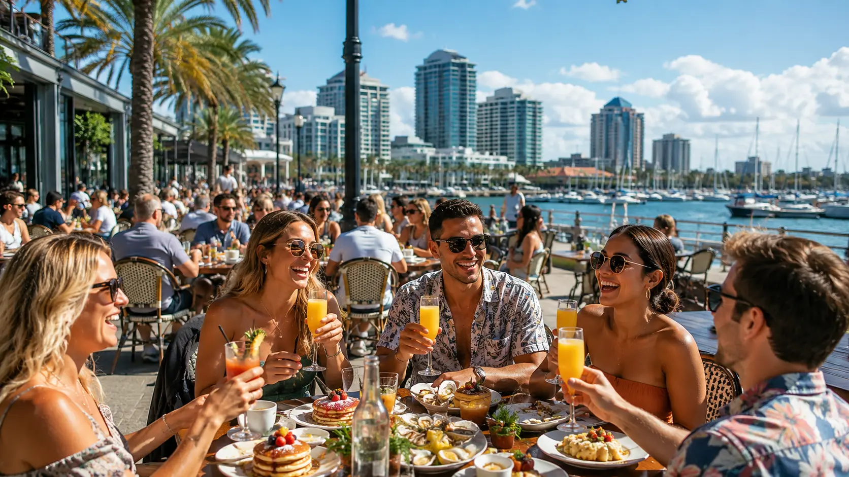 Friends enjoying mimosas and brunch by the waterfront in downtown St. Petersburg, Florida.
