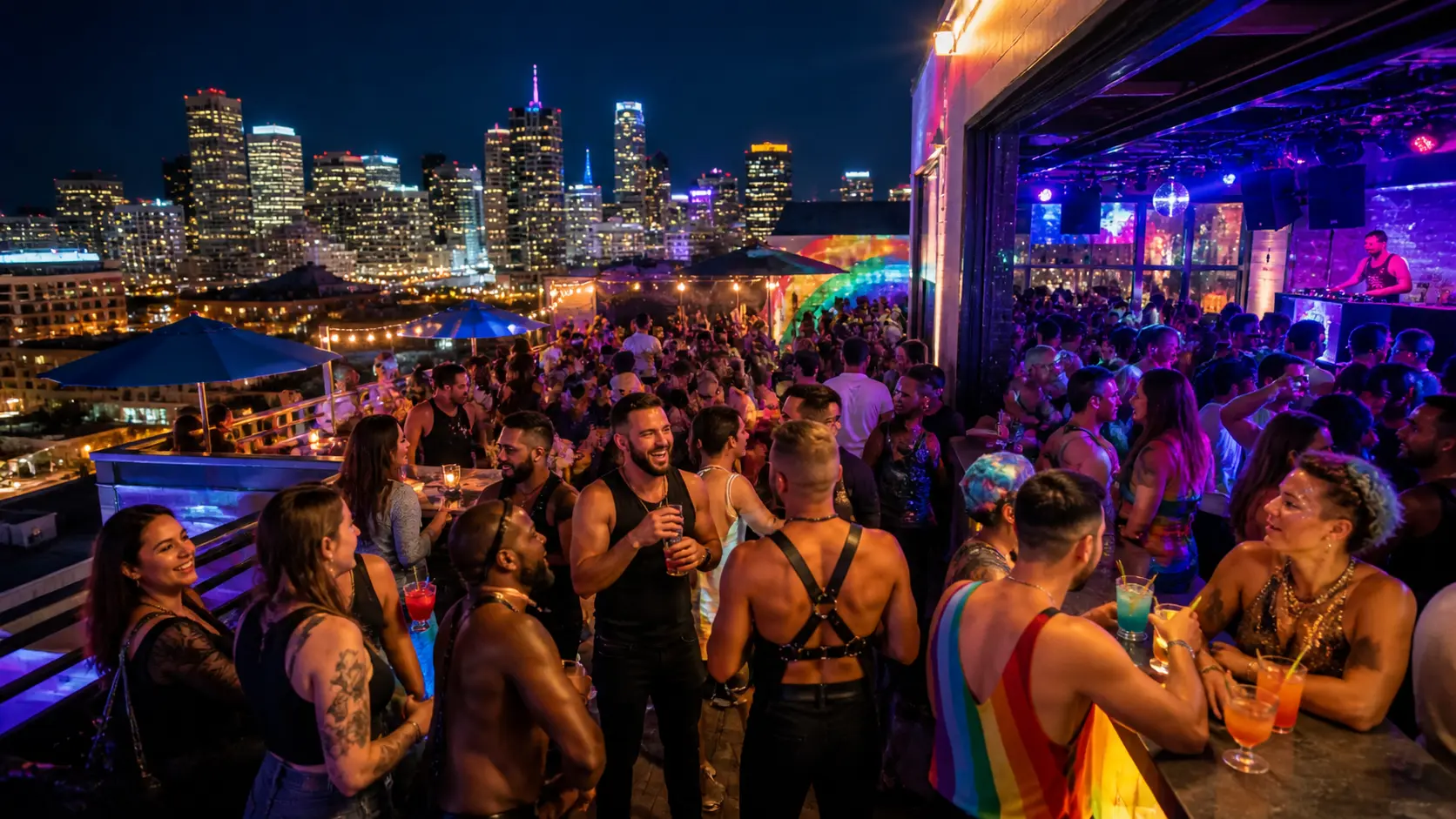 LGBTQ+ bar in Denver with crowded rooftop party and skyline at night
