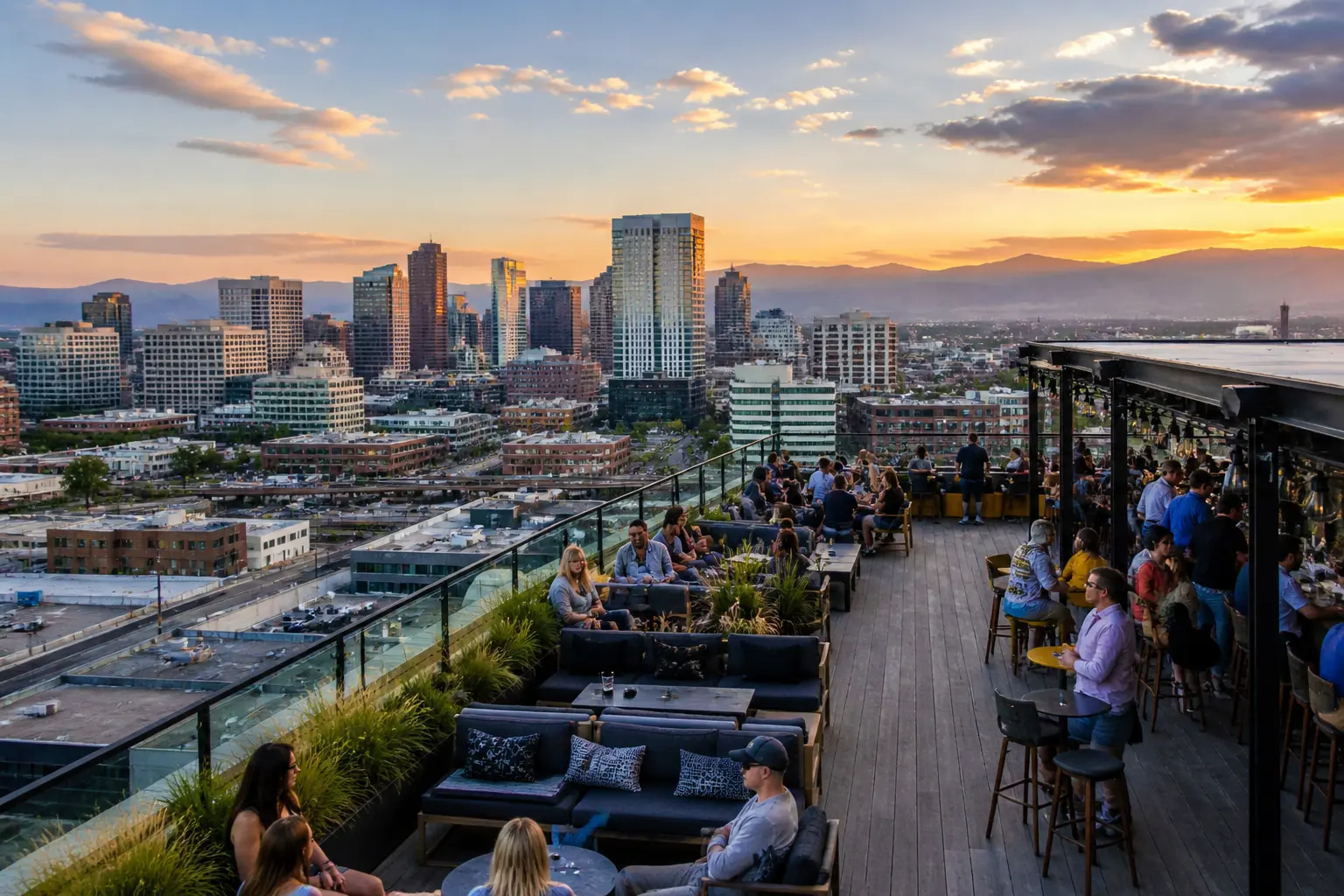 Rooftop bar in Denver with wide skyline and mountain views at sunset