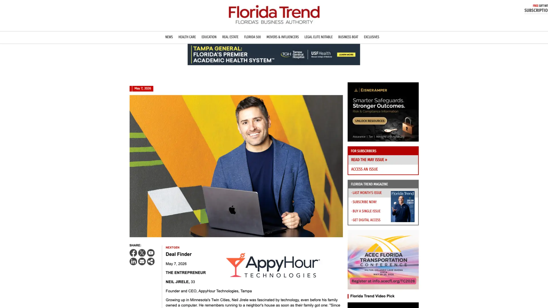 Neil Jirele, founder and CEO of AppyHour®, photographed for Florida Trend’s NextGen feature highlighting emerging Florida technology entrepreneurs.