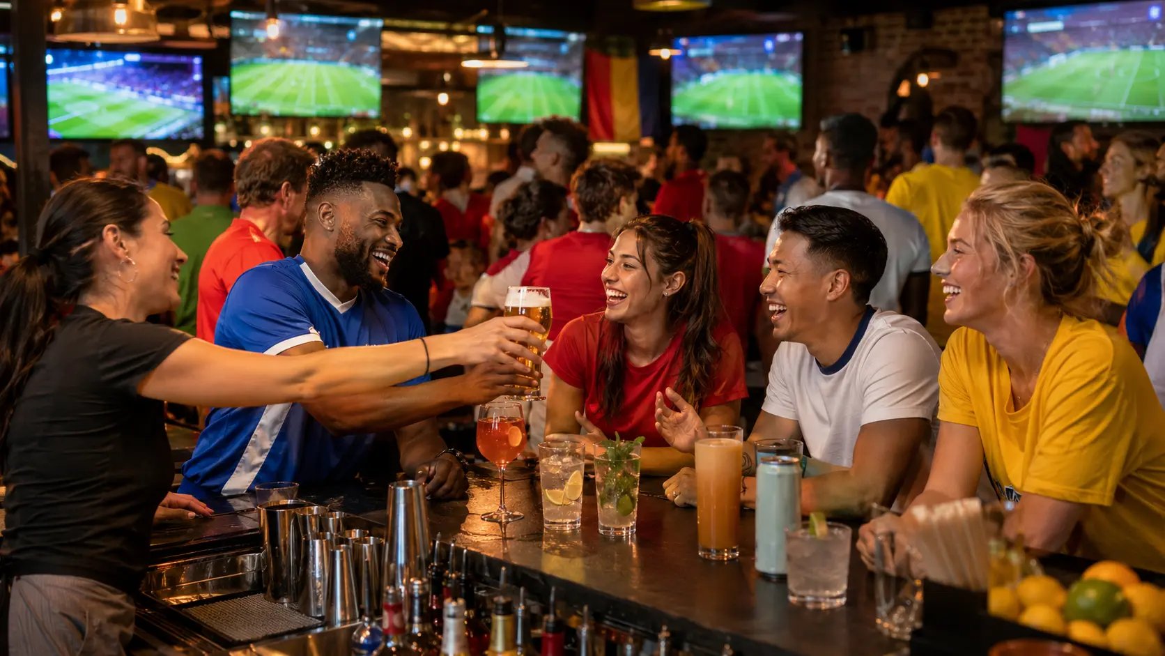 Soccer fans watching a World Cup match at a packed bar with drinks being served