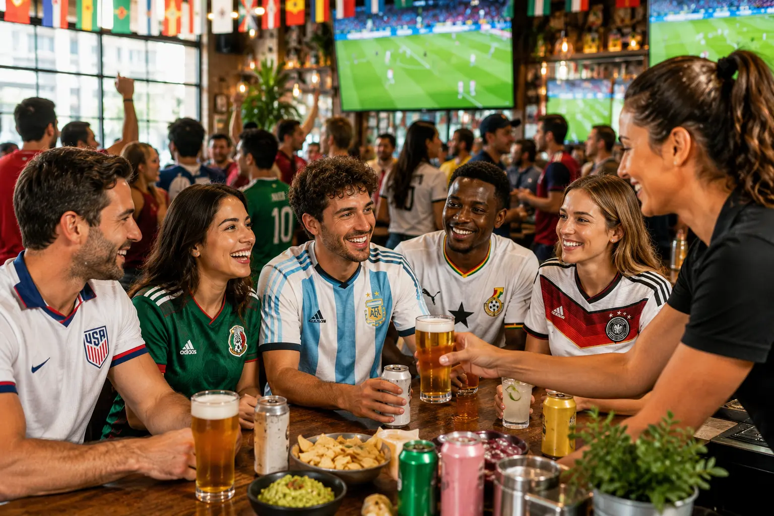 A diverse group of soccer fans wearing USA, Mexico, Argentina, Ghana, and Germany national team jerseys gather around a table in a bright, energetic sports bar while a bartender serves drinks before a match. Beer, canned beverages, cocktails, and snacks are spread across the table as large screens in the background show live soccer action, creating a lively World Cup viewing atmosphere.