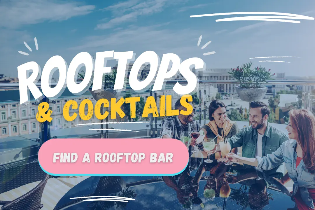 Rooftop bar happy hour specials promotion graphic
